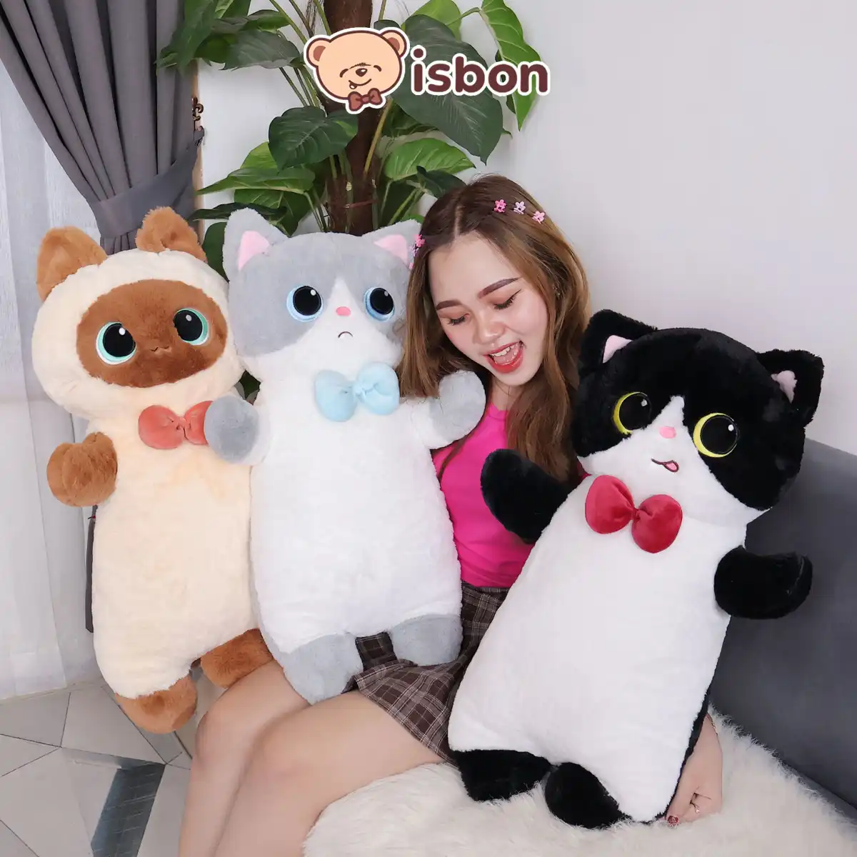 ISTANA BONEKA Guling Kucing Friendly Cat Bolster Bulu Halus Sandaran Kepala Teman Tidur Mainan Anak Hadiah Ulang Tahun Anniversary